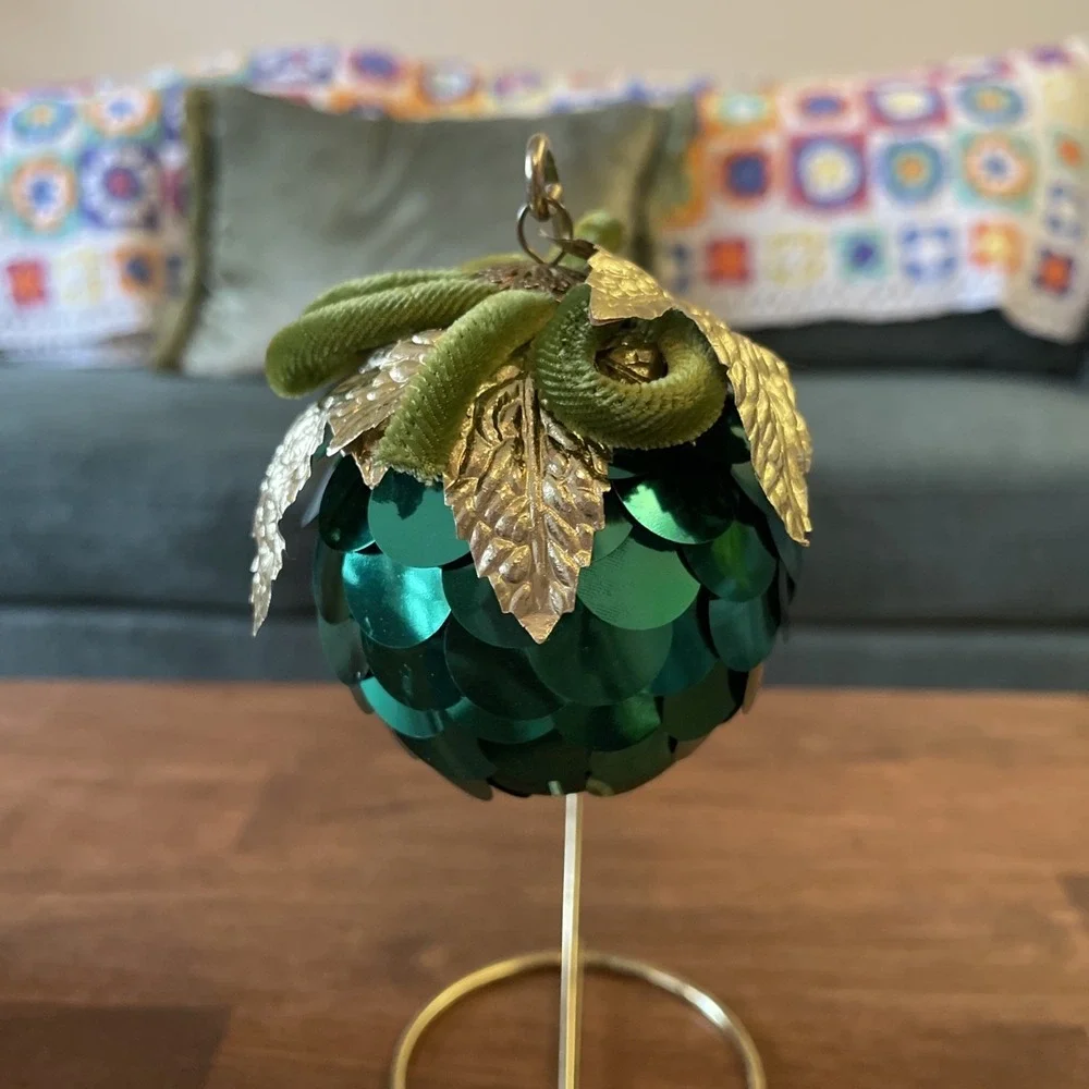2 Handcrafted Push Pin Bead Sequin Satin Ball Christmas Ornaments Vtg Green Gold